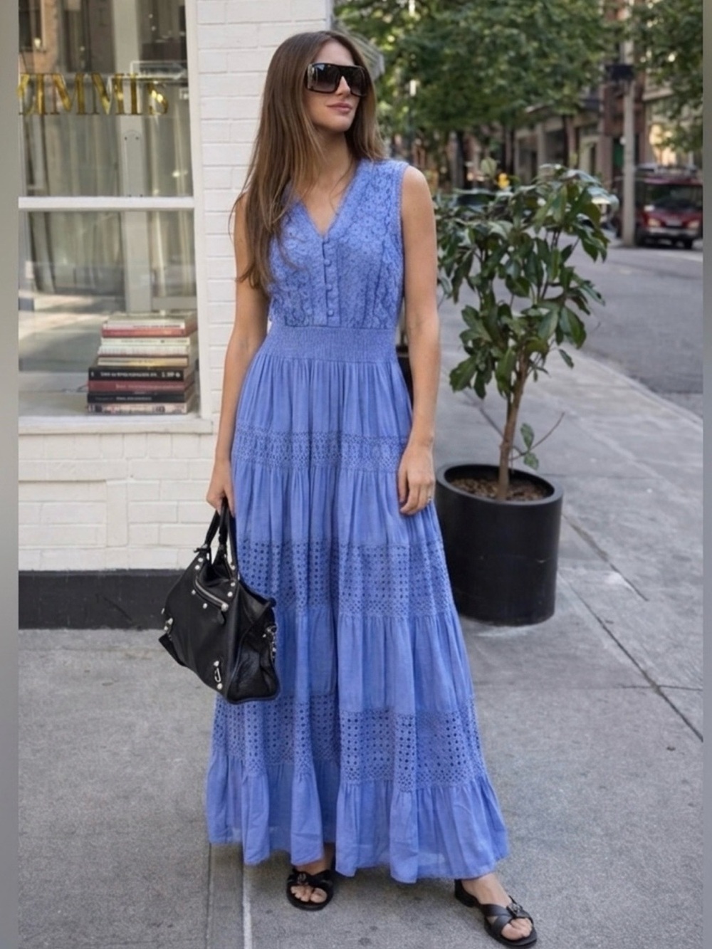 NAOO Maxi Dress Large Blue Tiered Sleeveless Maxi Crochet Lace Cotton Flowy Boh